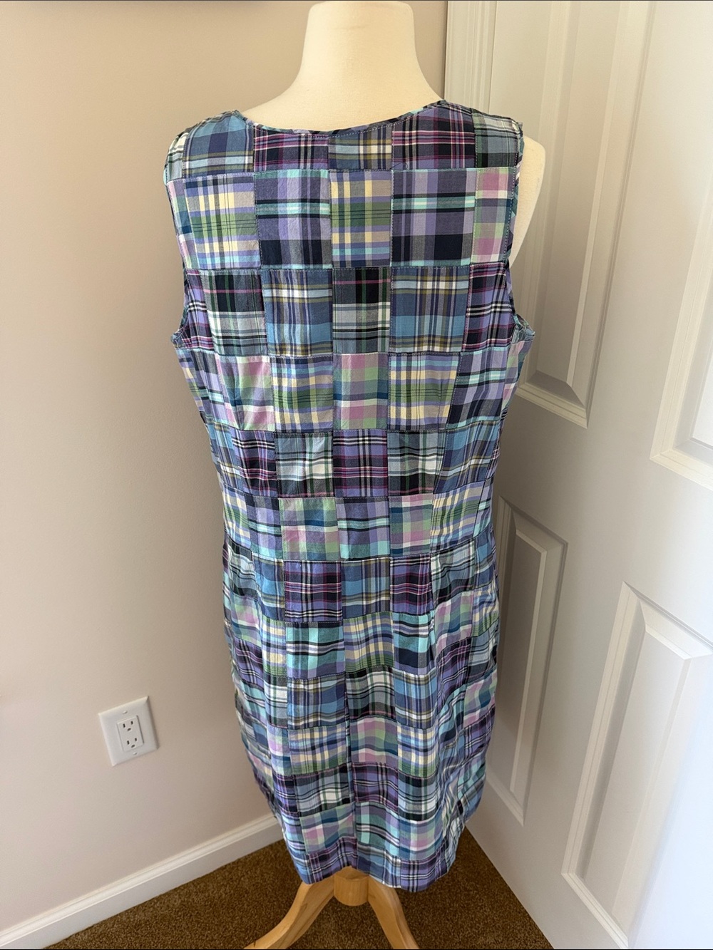 L.L. Bean Madras Plaid Sleeveless Midi Dress in Blue, Purple and Green - Picture 5 of 8